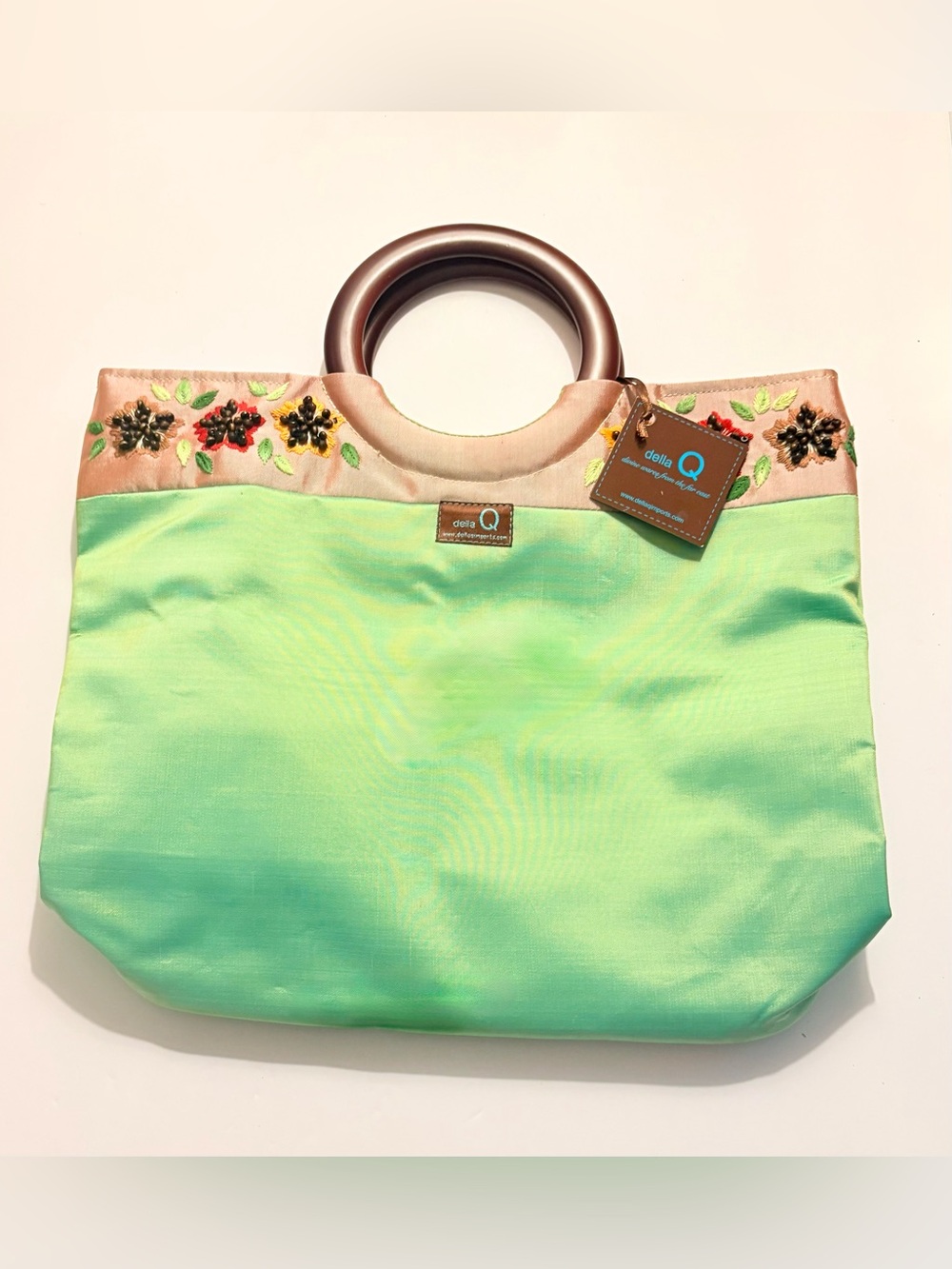 Della Q Mint Green Satin Tote with Blush Embroidered Band